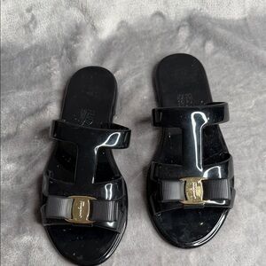 Salvatore Ferragamo Black Slide Sandals with Gold Accent